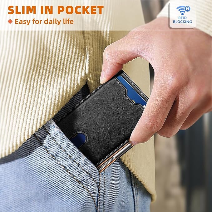 Genuine Leather Wallet for Men, Slim Bifold RFID Blocking with Zipper Coin Pocket, Minimalist Design for Travel and Daily Use (Carbon Fiber Black)