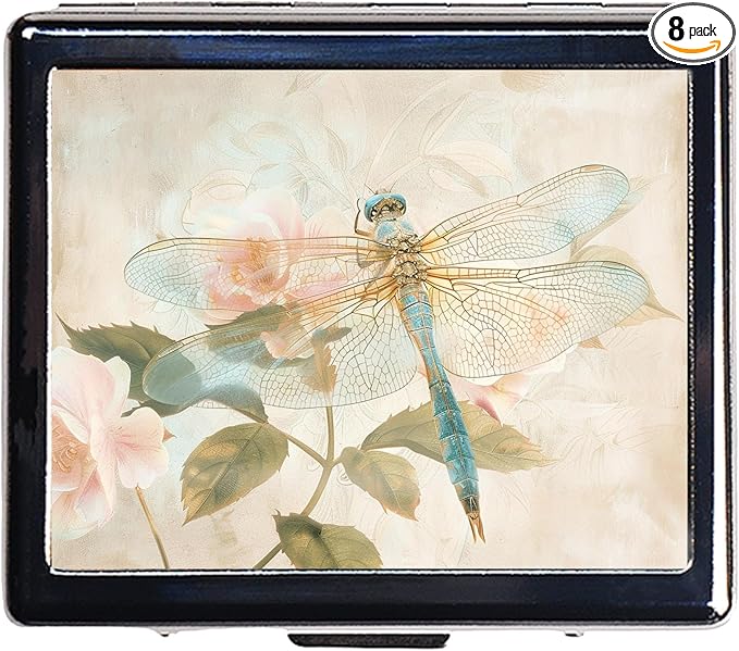 7 Days Chromed Shiny Silver Pill Organizer with Mirror Inside Has 8 Separate Compartments Rectangle,Versatile Storage for Medication - Ideal Travel Accessory (Watercolor Dragonflies)
