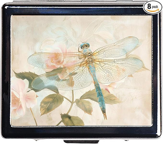 7 Days Chromed Shiny Silver Pill Organizer with Mirror Inside Has 8 Separate Compartments Rectangle,Versatile Storage for Medication - Ideal Travel Accessory (Watercolor Dragonflies)