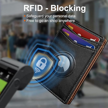 Airtag Wallet for Men- with Money Clip Gift Boxed, Magnetic Closure Slim Genuine Leather Front Pocket Wallet, 4.1"x 2.8", RFID Blocking