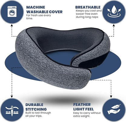 Upgraded Memory Foam Travel Neck Pillow for Airplane – New Ergonomic Wrap-Around Design with Adjustable Strap, Washable Cover, Carry Bag & Sleep Mask – Premium Travel Essentials for Men & Women