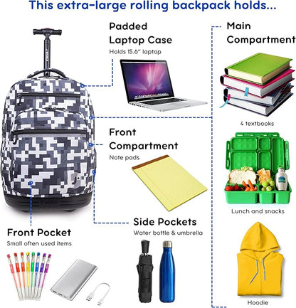 J World Sundance Laptop Rolling Backpack for Girls Boys. Roller Bookbag with Wheels, Camo