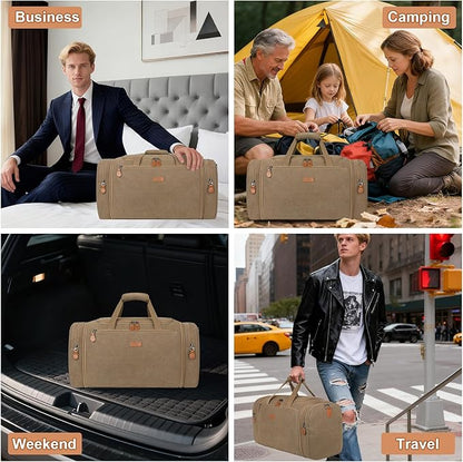 Canvas Mens Duffle Bag for Travel - Expandable 50L Weekender Bags with Toiletry Bag, Overnight Bag Travel Duffel Carry On Luggage with Removable Shoulder Strap, Durable & Water-Resistant