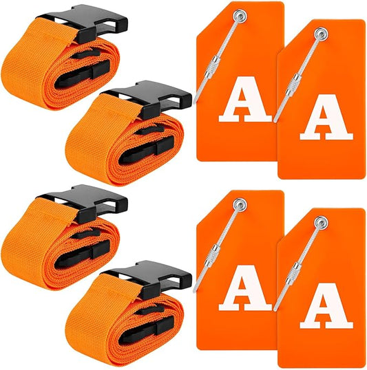 Weewooday 8 Pcs Luggage Straps Suitcase Tags Set for TSA Approved, 4 Travel Adjustable Suitcase Belt, 4 Silicone Luggage Tags with Name ID Card Travel Accessories (Light Orange,A)