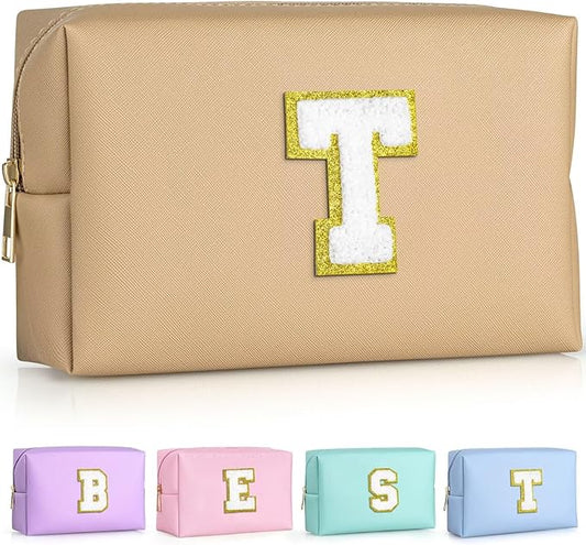TOPEAST Preppy Stuff for Girls, Initial Makeup Bag Chenille Letter Pouch Cosmetic Bag with Zipper, PU Leather Waterproof Toiletry Bag, Cute Stuff Birthday Gift for Friends Sister (Khaki T)