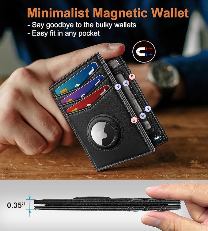 Airtag Slim Leather Wallet for Men - 12-Card Capacity, Magnetic Closure, Money Clip & Simplified Bill Compartment, RFID Blocking (4.3" x 3.0") | Gift Boxed