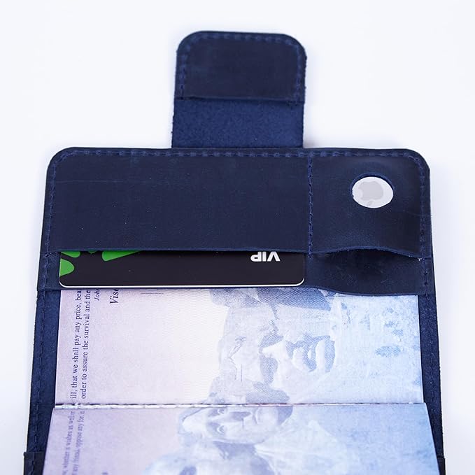 Blue Leather Passport Holder with AirTag Slot - Travel Passport Wallet Compatible with Airtag Passports Case with Card Slots & Note Compartment, Magnetic Closure, Genuine Leather, Vintage Blue
