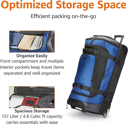 Amazon Basics 35-Inch Large Rolling Duffle Bag with Wheels and Handle, Travel Duffle Bag with Durable Ripstop Polyester Material, 2 Layers of Space, Multiple Interior and Exterior Pockets, Blue