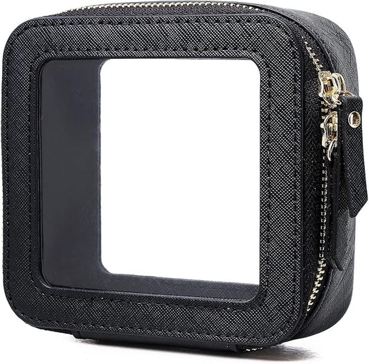 Pinkmik Small Makeup Bag Mini Clear Cosmetic Makeup Case & Toiletry Bag with Zipper Women's Purse Organizer & Car Essentials (Black,MINI-1)