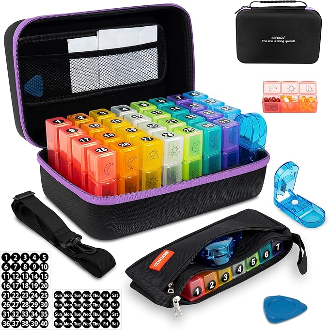Monthly Pill Organizer, Medicine Organizer Box with Portable Hard Shell and Pill Cutter, 31 Day Pill Holder with Weekly Pill Bag (Purple, 3 Times a Day)