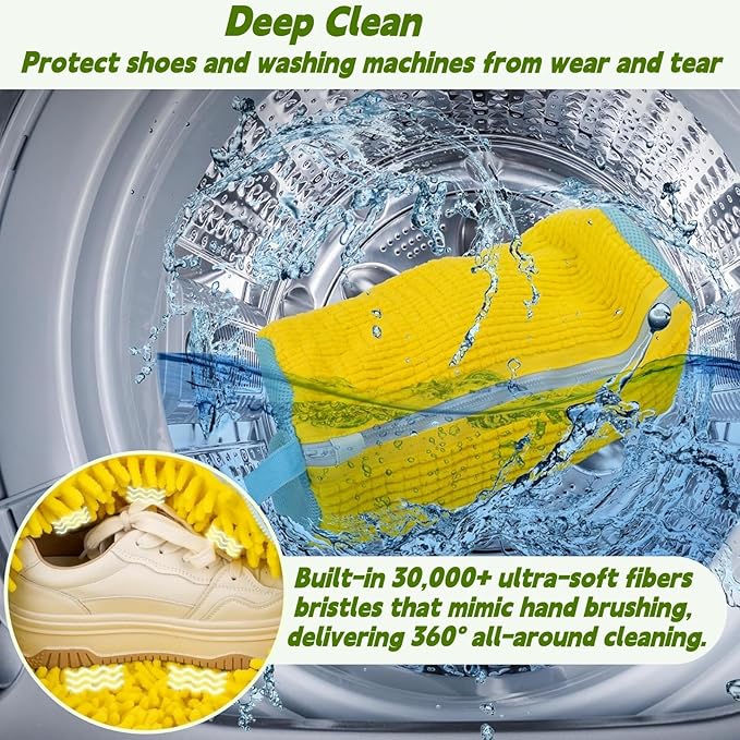 Shoe Washing Machine Bag 2 Pcs XL, Shoe Laundry Bag for Washer with Self-Locking Zipper, 360°Deep Clean Effectively Protects Shoes Suitable for Sneaker, Tennis and Other Types of Shoes (Yellow)