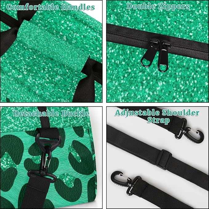 Personalized Kids Sports Duffel Bag with Name Custom Weekender Overnight Bag for Boys Girls Gym Bag Travel Dance Gymnastics Duffel Bag, Green Glitter Leopard Print