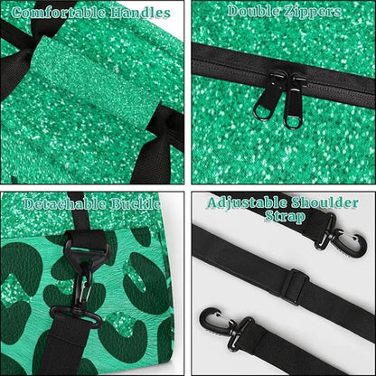 Personalized Kids Sports Duffel Bag with Name Custom Weekender Overnight Bag for Boys Girls Gym Bag Travel Dance Gymnastics Duffel Bag, Green Glitter Leopard Print