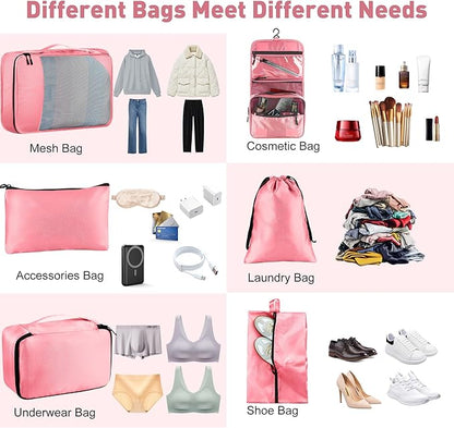 8-Piece Packing Cubes for Travel, Mesh Luggage Organizers with Shoe Bag, Toiletry Bag, Laundry Pouches, 4 Sizes (XL/L/M/S) for Suitcase Organization, Men Women Kids, Pink
