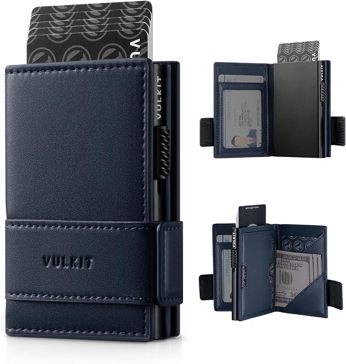VULKIT Card Holder Bifold Pop Up Leather Wallet for Men RFID Blocking Metal Card Case, Holds 9 Cards and Banknotes Navy