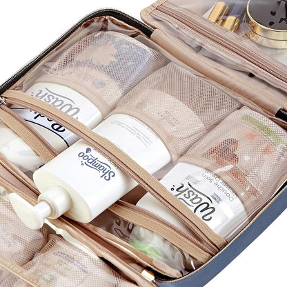 NISHEL Travel Toiletry Bag for women, Portable Hanging Organizer for Full-Sized Shampoo, Conditioner, Brushes Set, Makeup Accessories, Large Size, Aegean-Blue