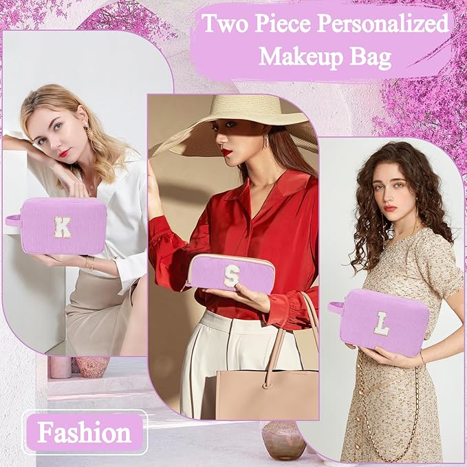 Personalized Initial Makeup Bag Trendy Stuff Corduroy Cosmetic Bag Travel Toiletry Bag for Women, Christmas/Thanksgiving/Halloween Gifts Makeup Organizer Case for Teen Girls Mom Girlfriend Wife.