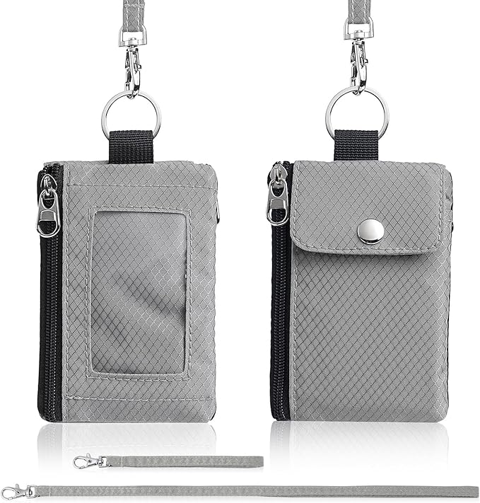 Minimalist Wallet For Mens Womens, Keychain RFID Blocking Zipper Small Wallet with ID Window 2 Lanyards,Water Resistant Travel Cash Card Coin Case Boys Girls