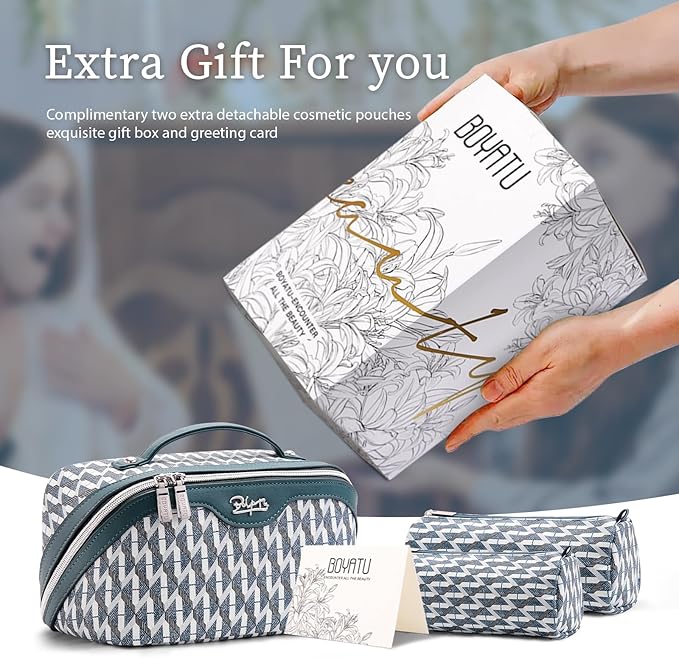 BOYATU Travel Makeup Bags for Women: Large Capacity Cosmetic Bag Set of 3 - Vegan Leather Make up Bags with Compartments - Wide Open Waterproof Toiletry Organizer Bag with Handle (B-01-Royal blue)