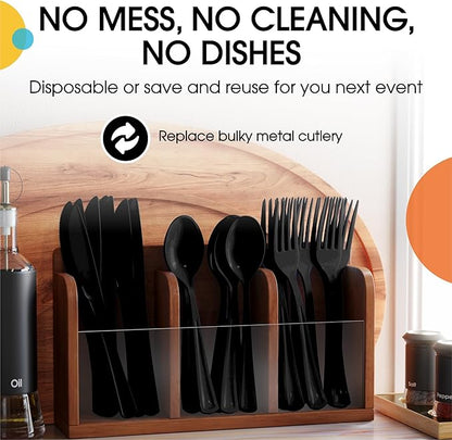 Party Solids Black Plastic Silverware Heavy Duty 150 Pieces Black Disposable Silverware Heavy Duty, Utensil Sets, 50 Of Each Forks, Knives & Spoons Disposable Cutlery Set For Party Supplies