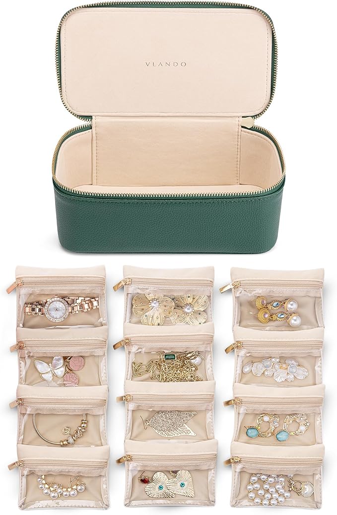 Vlando Jewelry Case with 12 Velvet Jewelry Bags Travel Jewelry Organzier for Travelers Necklace Rings Earrings Jewelry Bags Christmas Birthday Wedding Valentines Day Gifts (Green)