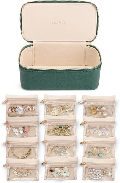 Vlando Jewelry Case with 12 Velvet Jewelry Bags Travel Jewelry Organzier for Travelers Necklace Rings Earrings Jewelry Bags Christmas Birthday Wedding Valentines Day Gifts (Green)