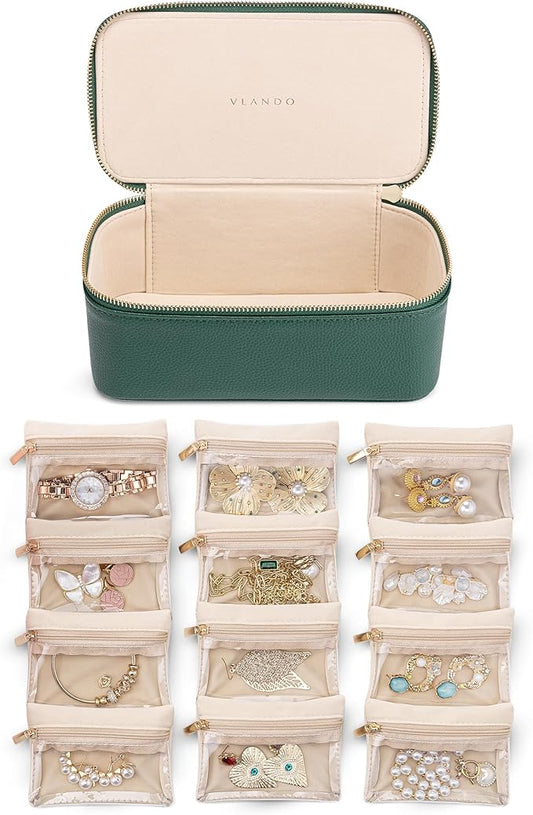 Vlando Jewelry Case with 12 Velvet Jewelry Bags Travel Jewelry Organzier for Travelers Necklace Rings Earrings Jewelry Bags Christmas Birthday Wedding Valentines Day Gifts (Green)