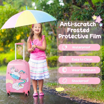 KOTEK Kids Carry On Luggage Set, 18" Hardside Rolling Suitcase with Spinner Wheels, Travel Rolling Luggage for Boys Girls (Pink Unicorn)