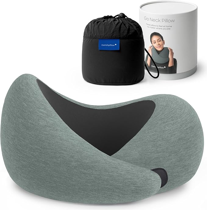Ostrichpillow Go Neck Pillow, Travel Pillows for Airplanes, Premium Memory Foam Travel Pillow, 360º Ergonomic Design, Asymmetrical Sides, Travel Bag Included, Washable Modal Cover