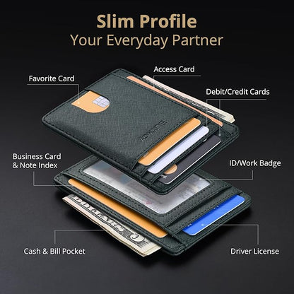 Buffway Slim Minimalist Front Pocket RFID Blocking Leather Wallets for Men and Women - Cross Blackish Green