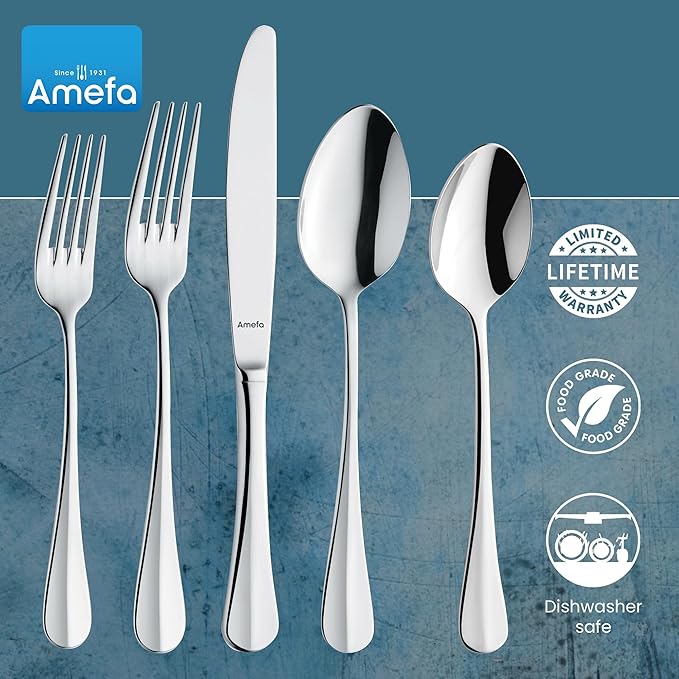 Amefa Baguette 45-Piece Flatware, Set for 8 – Stainless Steel Silverware, Polished Mirror Finish, Rust-Resistant Cutlery with Dinner Forks, Knives, Spoons, Salad Forks & Teaspoons for Everyday Dining