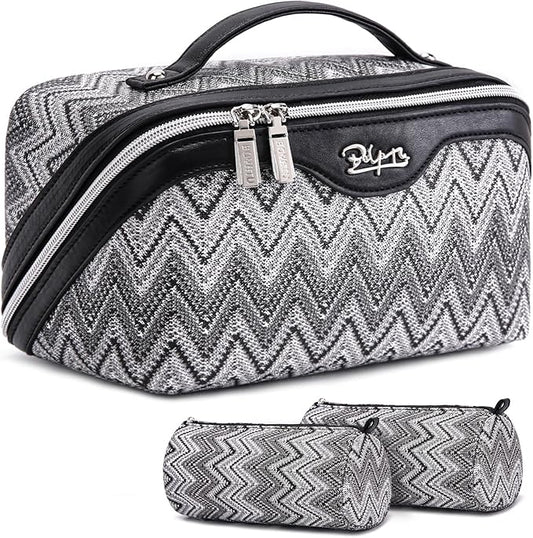 BOYATU Travel Makeup Bag for Women: Western Boho Make up Bag Set of 3 - Large Capacity Vegan Leather Cosmetic Bag - Waterproof Toiletry Bag with Compartments & Handle & Divider(J-3-Black)