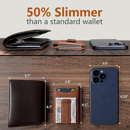 Airtag Wallet for Men- with Money Clip Gift Boxed, Magnetic Closure Slim Genuine Leather Front Pocket Wallet, 4.1"x 2.8", RFID Blocking