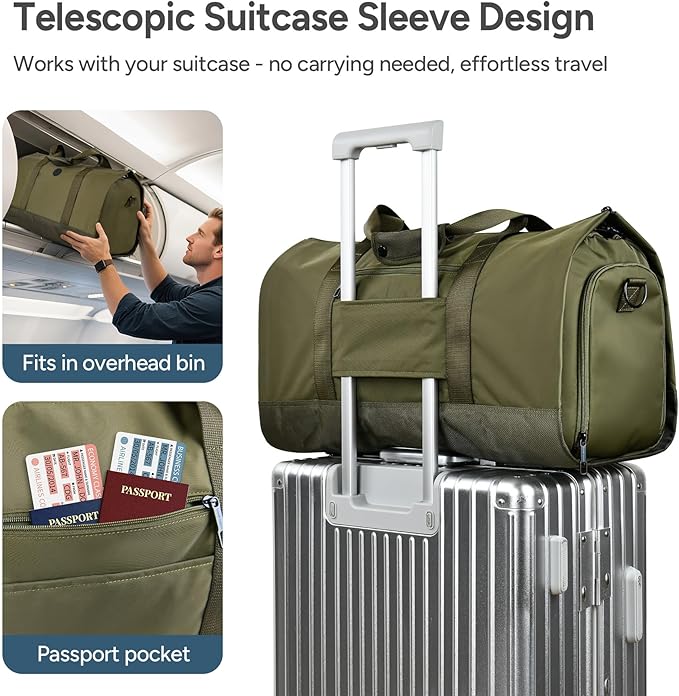 travel inspira Convertible Garment Bag 2 in 1 Carry On Garment Duffle Weekender 45L with Extended Shoe Compartment, Waterproof Nylon, Hanging Hook for Travel Business Men, Army Green