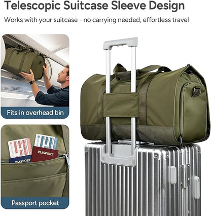 travel inspira Convertible Garment Bag 2 in 1 Carry On Garment Duffle Weekender 45L with Extended Shoe Compartment, Waterproof Nylon, Hanging Hook for Travel Business Men, Army Green