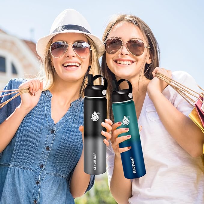 Insulated Water Bottle 24 oz with Straw, Stainless Steel Wide Mouth Water Bottle, Double Wall Vacuum Leak Proof with Straw Lid & Spout Lid for Sports or Office, Keep Cold or Hot Up to 24 Hrs