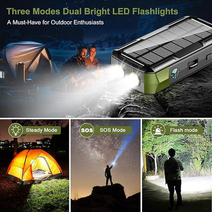 Solar Charger Power Bank 73200mAh, Portable Laptop Charger with 100W USB-C in/Output, Built-in Cables, Hand Crank Power Bank for Mobile Phones, Ideal for Outdoor Use with SOS/Strobe/Strong (green)