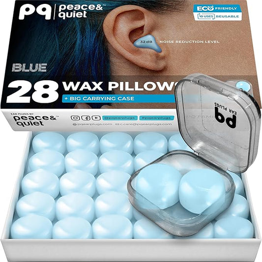Peace&Quiet PQ Wax Ear Plugs for Sleeping - 28 Silicone Wax Earplugs for Sleeping and Swimming, Gel Ear Plugs for Noise Cancelling, Sleeping Earplugs, Sound Blocking Level of 32 Db, Color: Blue