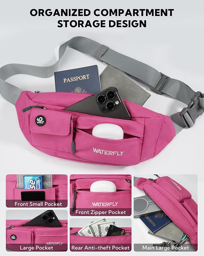 WATERFLY Small Crossbody Fanny Pack: 5 Pocket Slim Lightweight Waist Belt Hip Bag for Women Men Water Resistant Chest Pouch for Travel Hiking Running Walking Fit All Phones - Pink