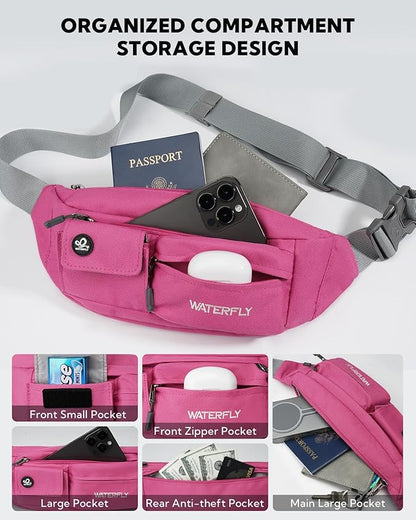 WATERFLY Small Crossbody Fanny Pack: 5 Pocket Slim Lightweight Waist Belt Hip Bag for Women Men Water Resistant Chest Pouch for Travel Hiking Running Walking Fit All Phones - Pink