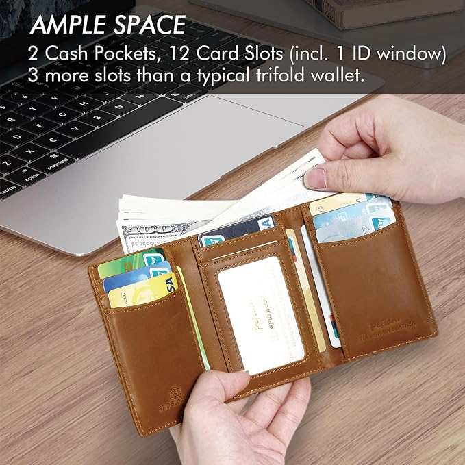 Trifold Leather Wallet for Men RFID Blocking – Mens Trifold Wallet Leather with 12 Card Slots, Gift for Men, American Flag Wallet Brown
