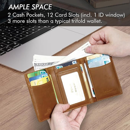 Trifold Leather Wallet for Men RFID Blocking – Mens Trifold Wallet Leather with 12 Card Slots, Gift for Men, American Flag Wallet Brown