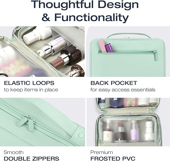 KAZAY Hanging Toiletry Bag with TSA Approved Detachable Pouch, Travel Toiletry Bag, Water Resistant, Premium Nylon, Full-Size Bottles, Travel Size Toiletries, Cosmetic Bag, Unisex (Sage Green)