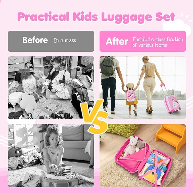 BABY JOY 2 Pcs Kids Luggage Set, 16" Toddlers Carry-on Suitcase & 12" Backpack Set, Children Travelling Case w/ 4 Casters, Retractable Handle, Lightweight Trolley Case for Girls Boys (Cloud Pony)