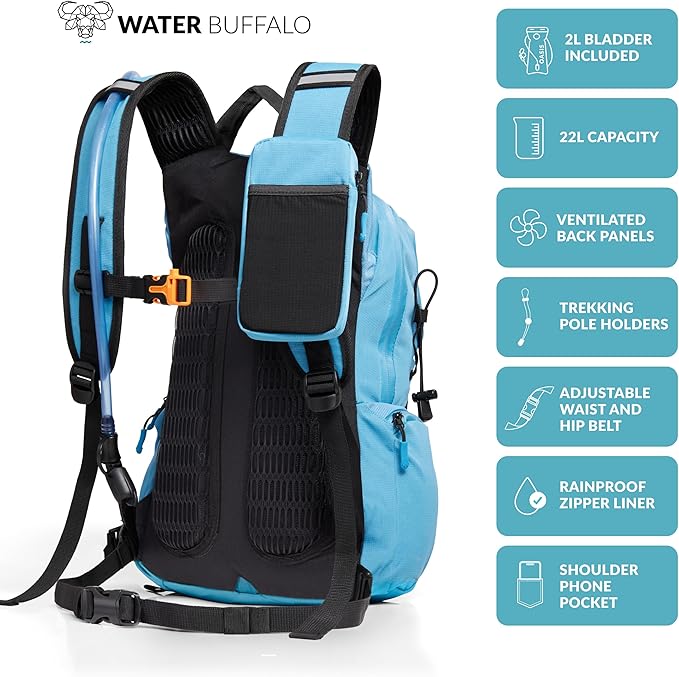 Water Buffalo Hydration Backpack - Sherpa 22L Hiking Backpack with Water Bladder - Water Backpack for Hiking with Waterproof Zippers, Phone & Pole Holders