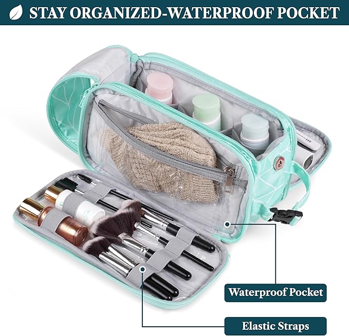 PAVILIA Toiletry Bag for Men Women, Mens Travel Bag Toiletries Organizer Case for Grooming, Travel Essentials Shaving Dopp Kit, PU Leather Water Resistant Cosmetic Pouch, Teal Chevron