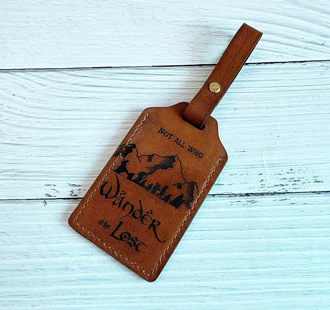 Mayan Corner - Handcrafted Brown Leather Luggage Tag with Adventure Quote, Decorative Stitching