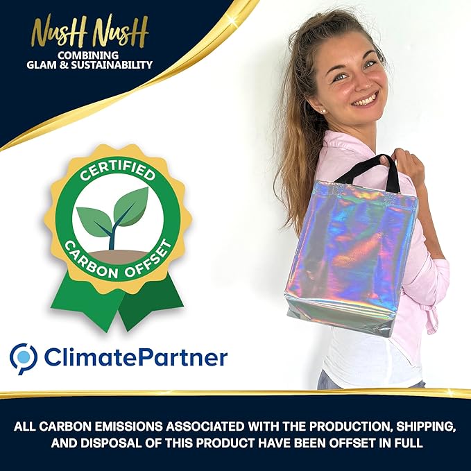 Nush Nush Set of 60 Iridescent Gift Bags in Bulk – Stunning Holographic Silver Bulk Gift Bags with Handles - Ideal Reusable Party Favor Bags for Small Business, Bachelorette Party Favors - 8Wx4Dx10H