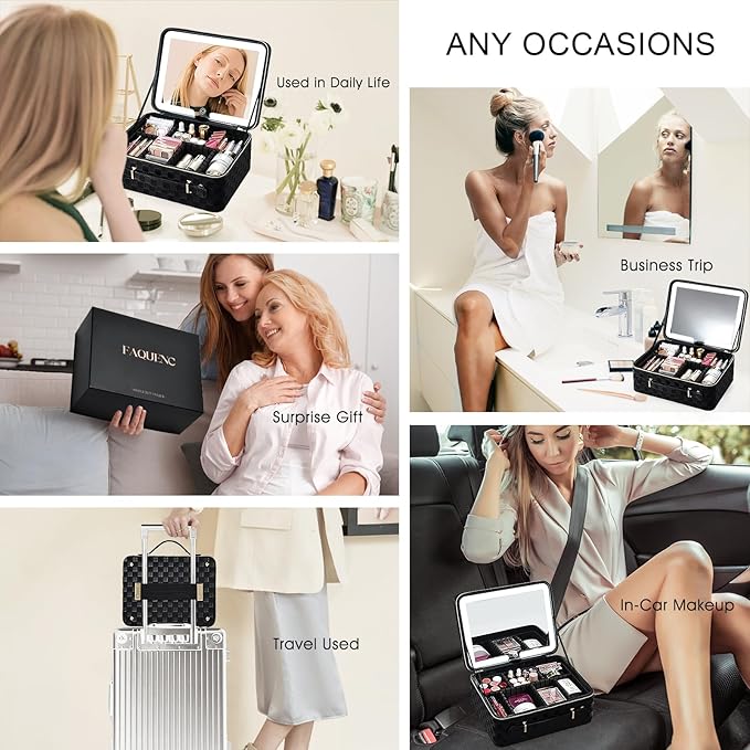 Leather Makeup Case with LED Lighted Mirror 11.4 Inch Travel Makeup Bag Adjustable Brightness in 3 Colors Cosmetic Organizer Artist Storage Bag with Dividers Brush Holder Bag Vanity Black Checkerboard