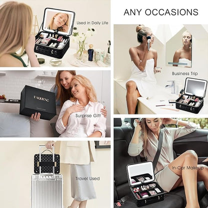 Leather Makeup Case with LED Lighted Mirror 11.4 Inch Travel Makeup Bag Adjustable Brightness in 3 Colors Cosmetic Organizer Artist Storage Bag with Dividers Brush Holder Bag Vanity Black Checkerboard